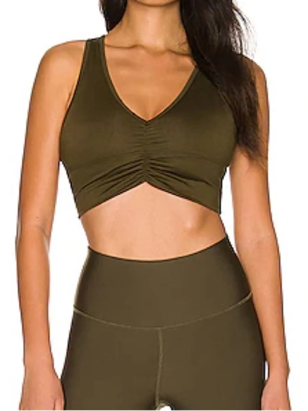 Alo Yoga Wild Thing Bra in dark olive green w/ ruched front V-neck design